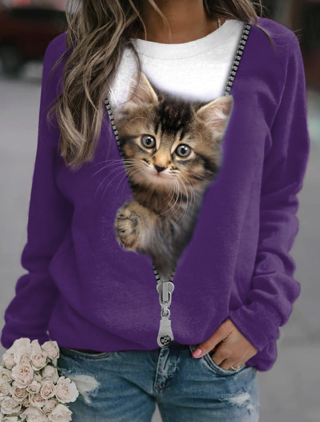 Women's Cat Basic Printed Round Neck Regular Pullover