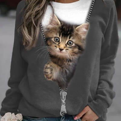 Women's Cat Basic Printed Round Neck Regular Pullover