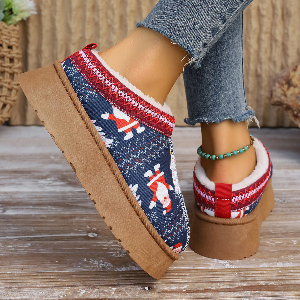 Women's Cartoon Christmas Print Ankle Boots Casual Slip On Plush Lined Home Shoes Comfortable Winter Short Boots